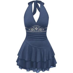 image:imageSOLY HUX Womens Summer Halter Backless Mini Dress Flowy Sleeveless V Neck Tie Back A Line Western Casual Sun DressesDark Blue