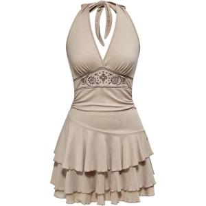 image:imageSOLY HUX Womens Summer Halter Backless Mini Dress Flowy Sleeveless V Neck Tie Back A Line Western Casual Sun DressesKhaki Printed