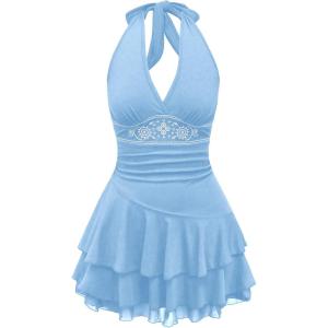 image:imageSOLY HUX Womens Summer Halter Backless Mini Dress Flowy Sleeveless V Neck Tie Back A Line Western Casual Sun DressesLight Blue