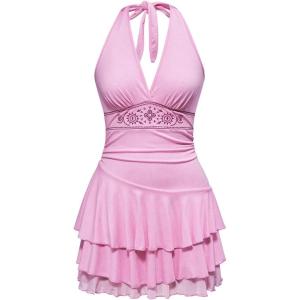 image:imageSOLY HUX Womens Summer Halter Backless Mini Dress Flowy Sleeveless V Neck Tie Back A Line Western Casual Sun DressesPink Printed