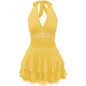 image:imageSOLY HUX Womens Summer Halter Backless Mini Dress Flowy Sleeveless V Neck Tie Back A Line Western Casual Sun DressesYellow Printed