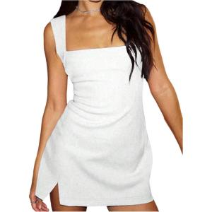 image:imageSOLY HUX Womens Summer Sleeveless Mini Dress Square Neck Split Hem Bodycon Party Club DressesPure White
