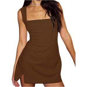 image:imageSOLY HUX Womens Summer Sleeveless Mini Dress Square Neck Split Hem Bodycon Party Club DressesSolid Brown
