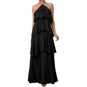 image:imageSOLY HUX Womens Sundresses Ruffle Layered Halter Flowy Maxi Dress Elegant Wedding Guest DressesPlain Black
