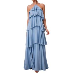 image:imageSOLY HUX Womens Sundresses Ruffle Layered Halter Flowy Maxi Dress Elegant Wedding Guest DressesPlain Blue