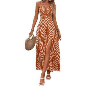image:imageSOLY HUX Womens Tie Backless Cut Out Halter Dress Deep V Neck High Split Long Flowy DressesOrange Geometric