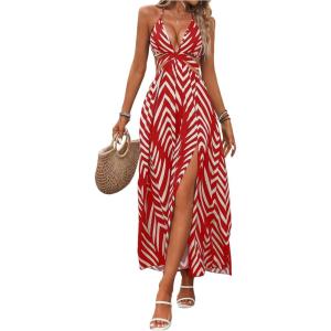 image:imageSOLY HUX Womens Tie Backless Cut Out Halter Dress Deep V Neck High Split Long Flowy DressesRed Geometric