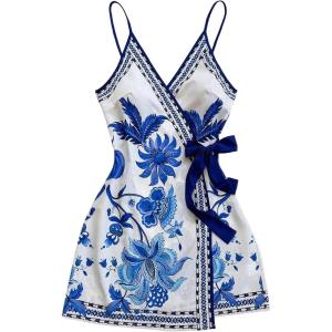 image:imageSOLY HUX Womens Tropical Print Mini Dress Summer Wrap V Neck Bow Tie Vacation DressesBlue Floral Print
