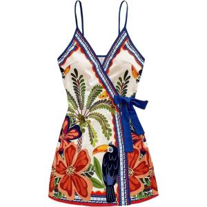 image:imageSOLY HUX Womens Tropical Print Mini Dress Summer Wrap V Neck Bow Tie Vacation DressesMulticoloured Graphic
