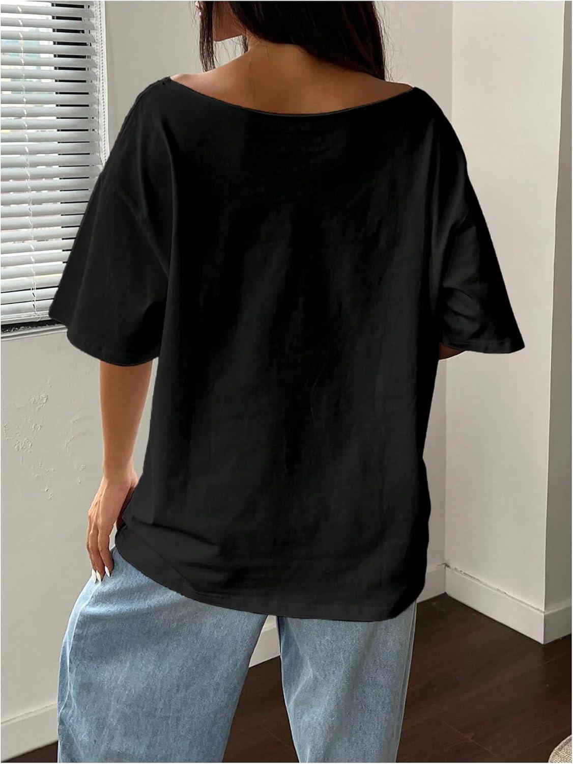 image:imageSOLY HUX Womens Graphic Tees Off The Shoulder Short Sleeve Oversized T Shirt Vintage Summer TopsBlack Graphic
