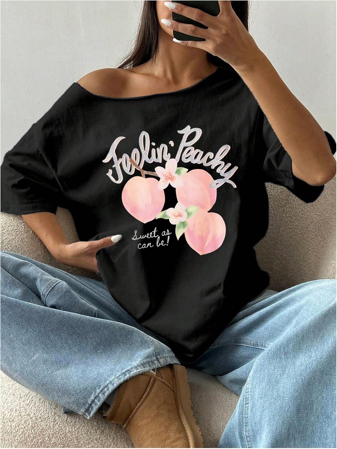 image:imageSOLY HUX Womens Graphic Tees Off The Shoulder Short Sleeve Oversized T Shirt Vintage Summer TopsBlack Graphic