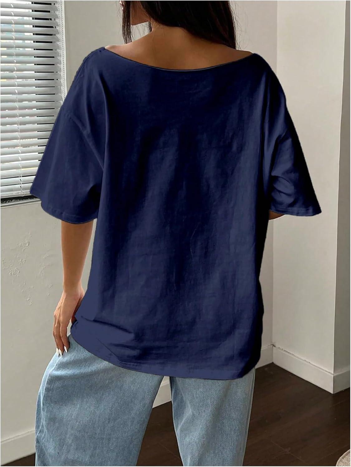 image:imageSOLY HUX Womens Graphic Tees Off The Shoulder Short Sleeve Oversized T Shirt Vintage Summer TopsDark Blue Letter