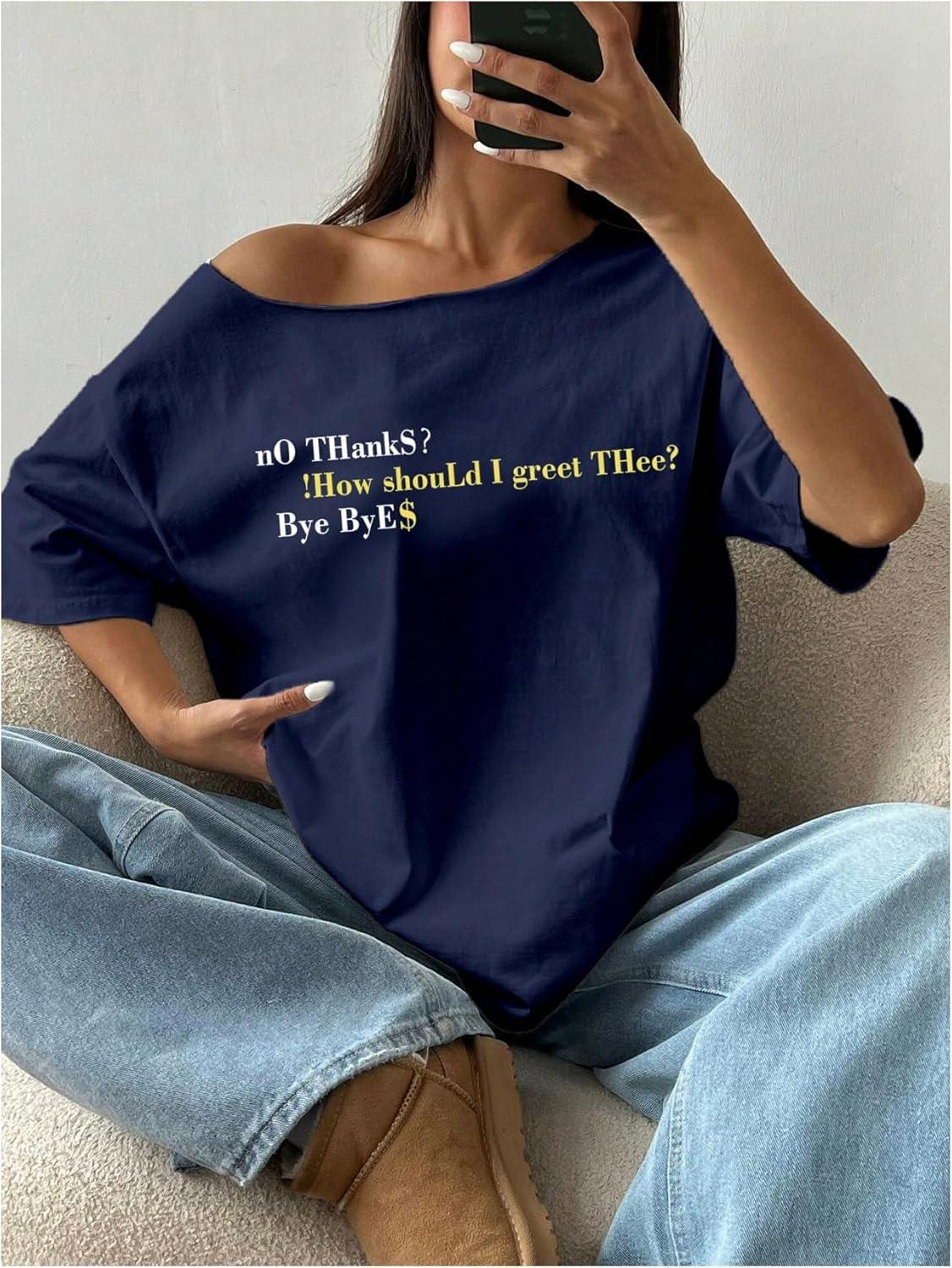 image:imageSOLY HUX Womens Graphic Tees Off The Shoulder Short Sleeve Oversized T Shirt Vintage Summer TopsDark Blue Letter