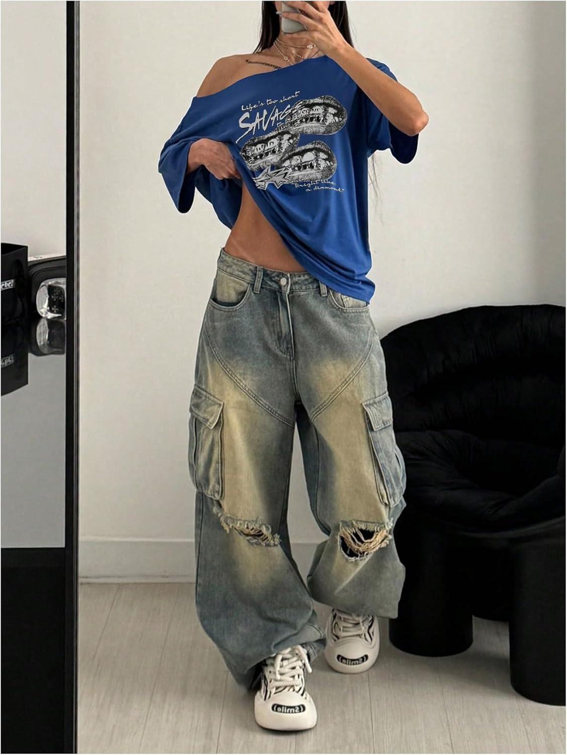 image:imageSOLY HUX Womens Graphic Tees Off The Shoulder Short Sleeve Oversized T Shirt Vintage Summer TopsRoyal Blue Graphic