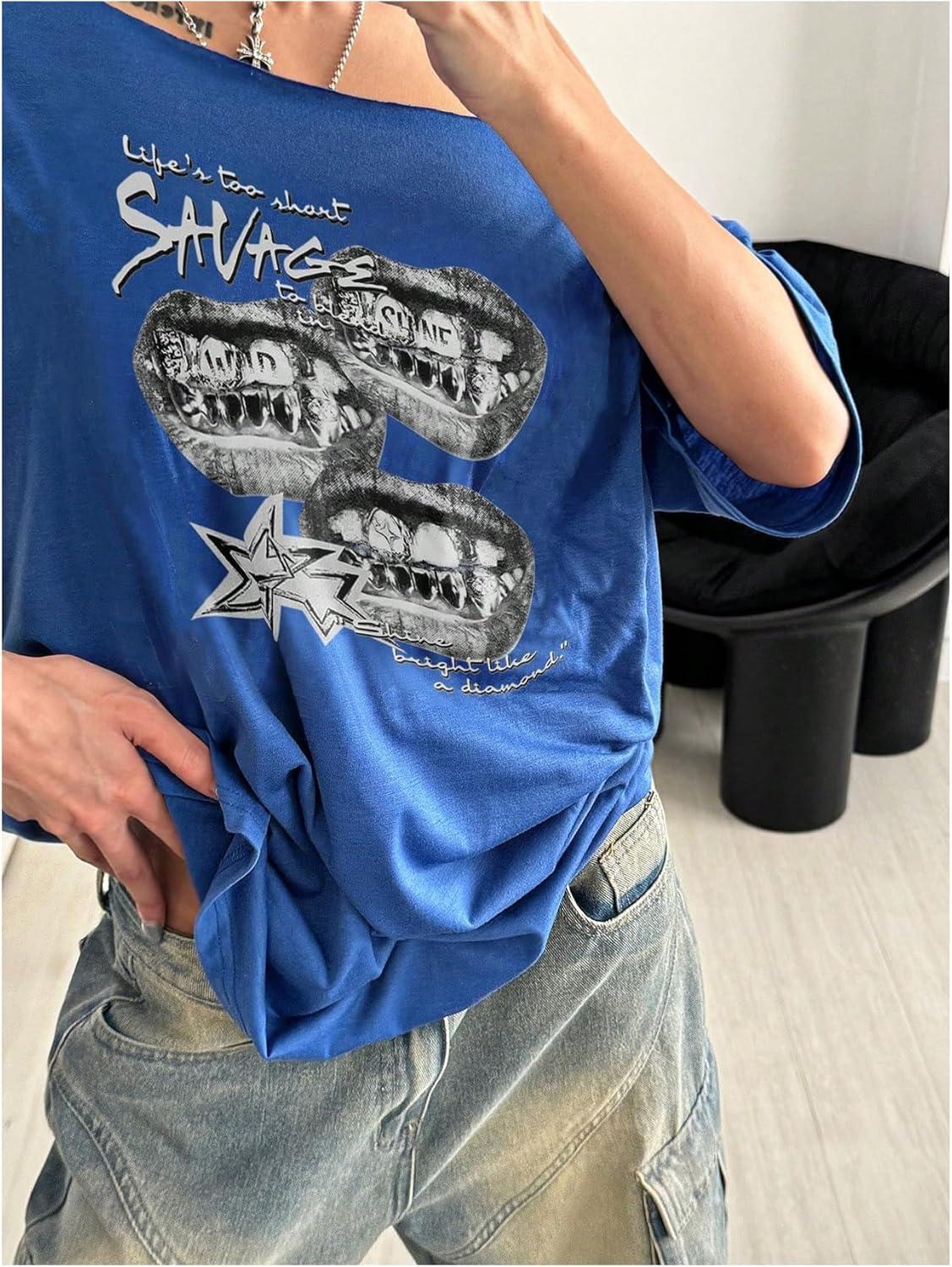 image:imageSOLY HUX Womens Graphic Tees Off The Shoulder Short Sleeve Oversized T Shirt Vintage Summer TopsRoyal Blue Graphic