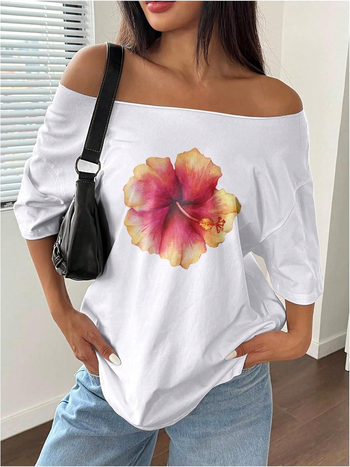 image:imageSOLY HUX Womens Graphic Tees Off The Shoulder Short Sleeve Oversized T Shirt Vintage Summer TopsWhite Floral Printed
