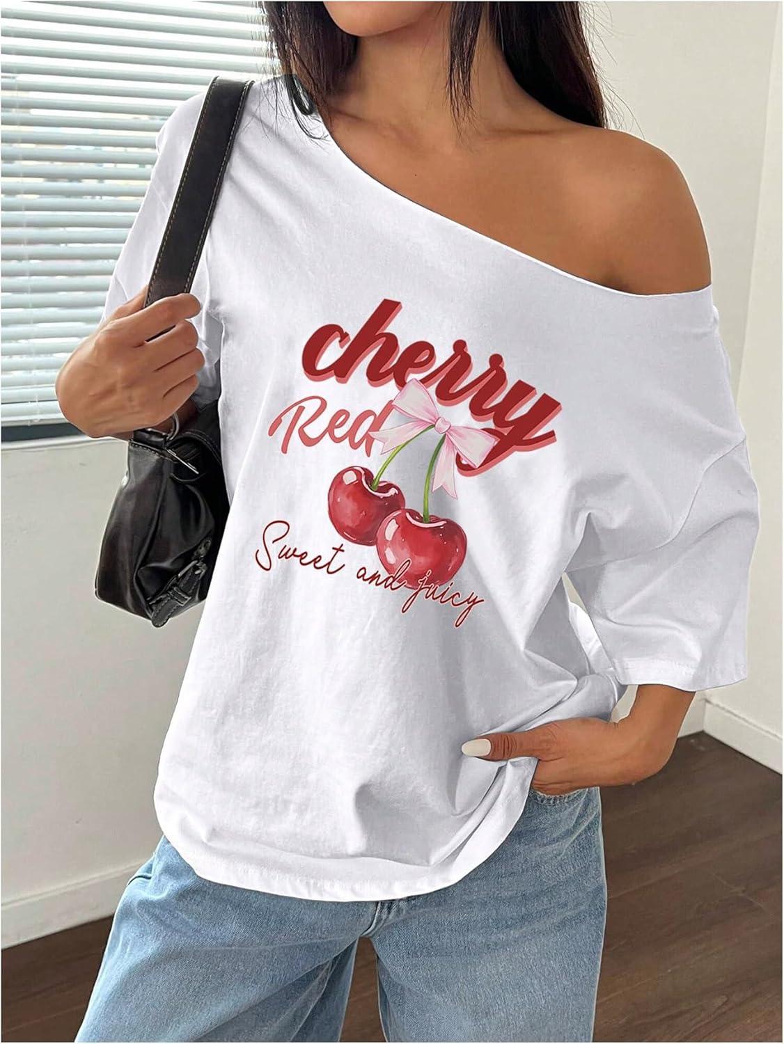 image:imageSOLY HUX Womens Graphic Tees Off The Shoulder Short Sleeve Oversized T Shirt Vintage Summer TopsWhite cherry
