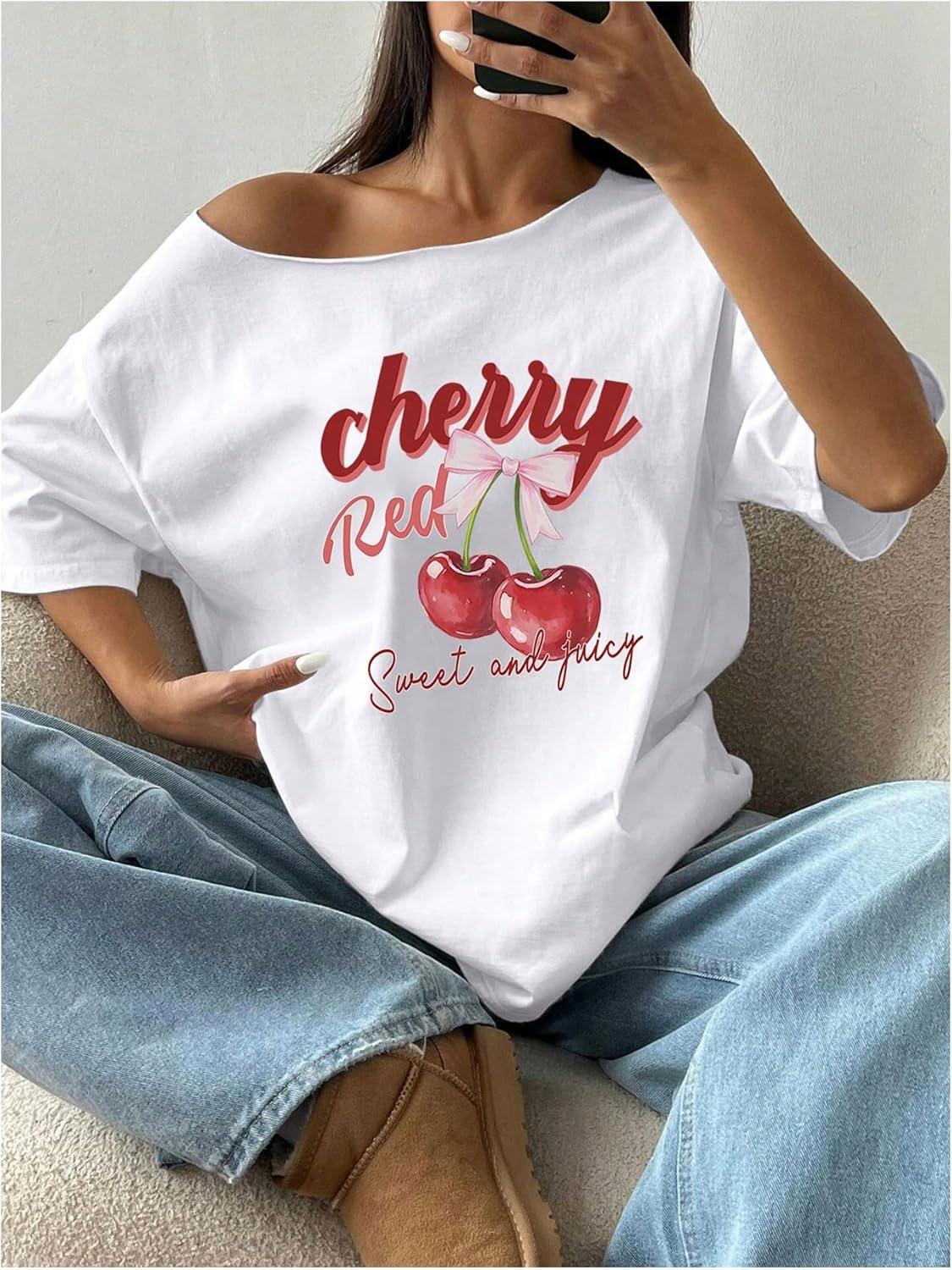 image:imageSOLY HUX Womens Graphic Tees Off The Shoulder Short Sleeve Oversized T Shirt Vintage Summer TopsWhite cherry