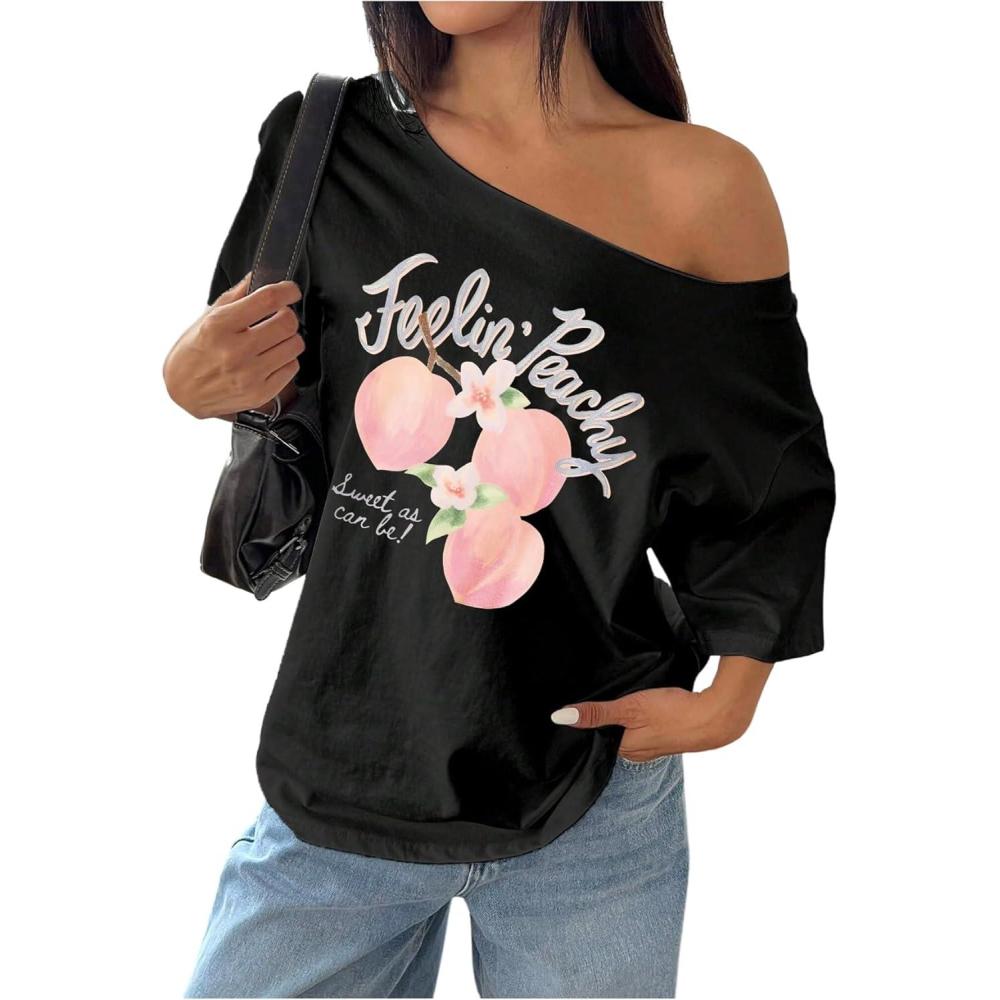 image:imageSOLY HUX Womens Graphic Tees Off The Shoulder Short Sleeve Oversized T Shirt Vintage Summer TopsBlack Graphic