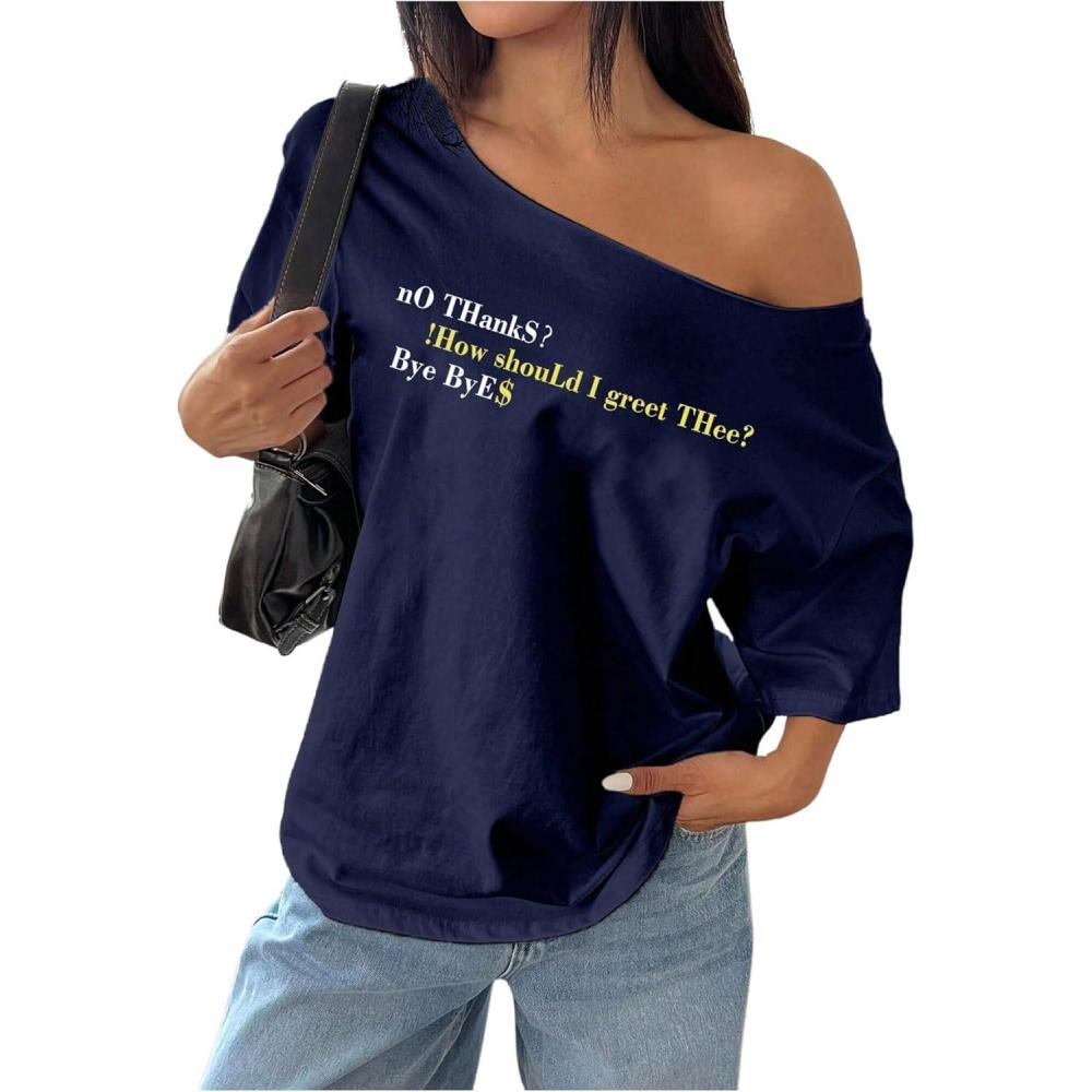 image:imageSOLY HUX Womens Graphic Tees Off The Shoulder Short Sleeve Oversized T Shirt Vintage Summer TopsDark Blue Letter
