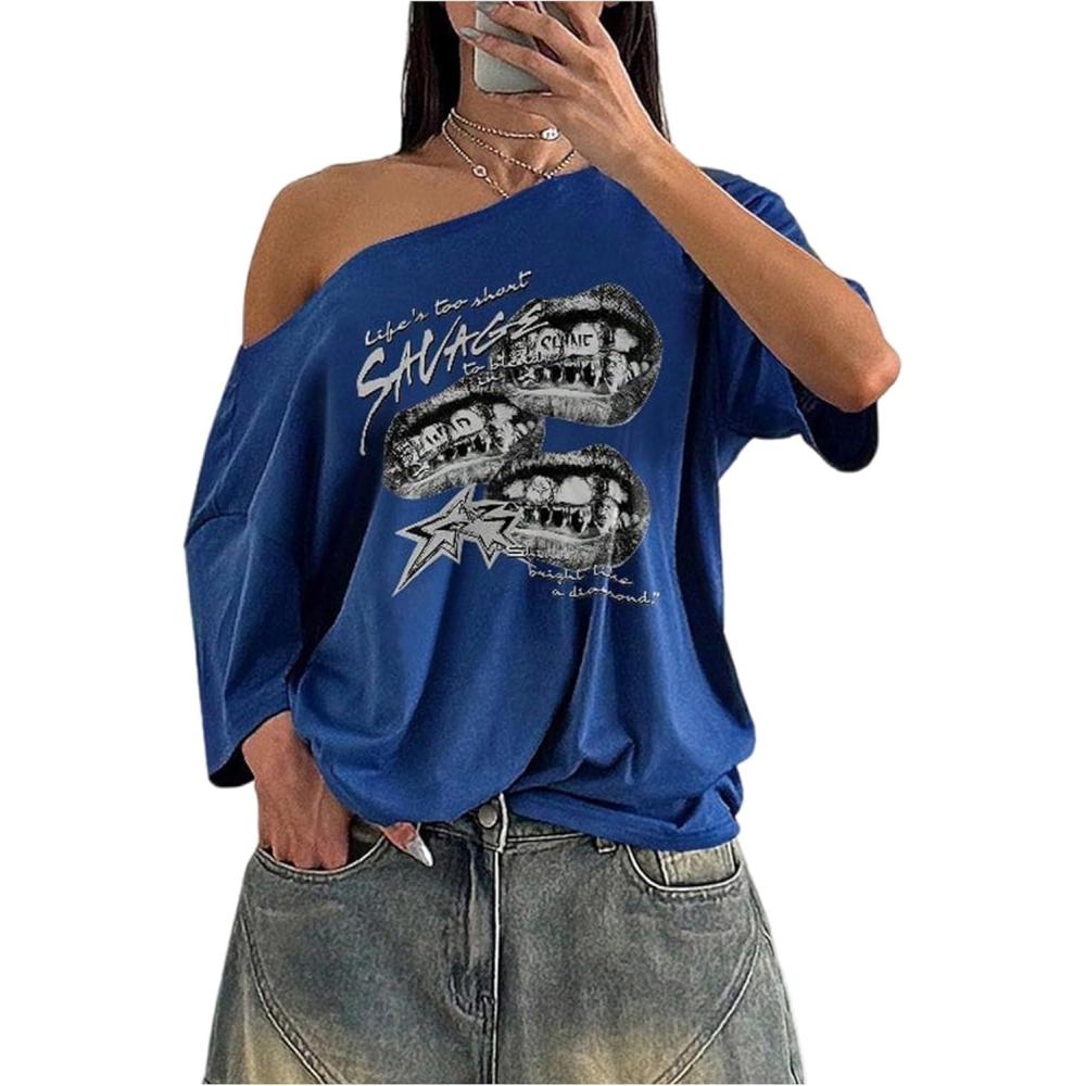 image:imageSOLY HUX Womens Graphic Tees Off The Shoulder Short Sleeve Oversized T Shirt Vintage Summer TopsRoyal Blue Graphic