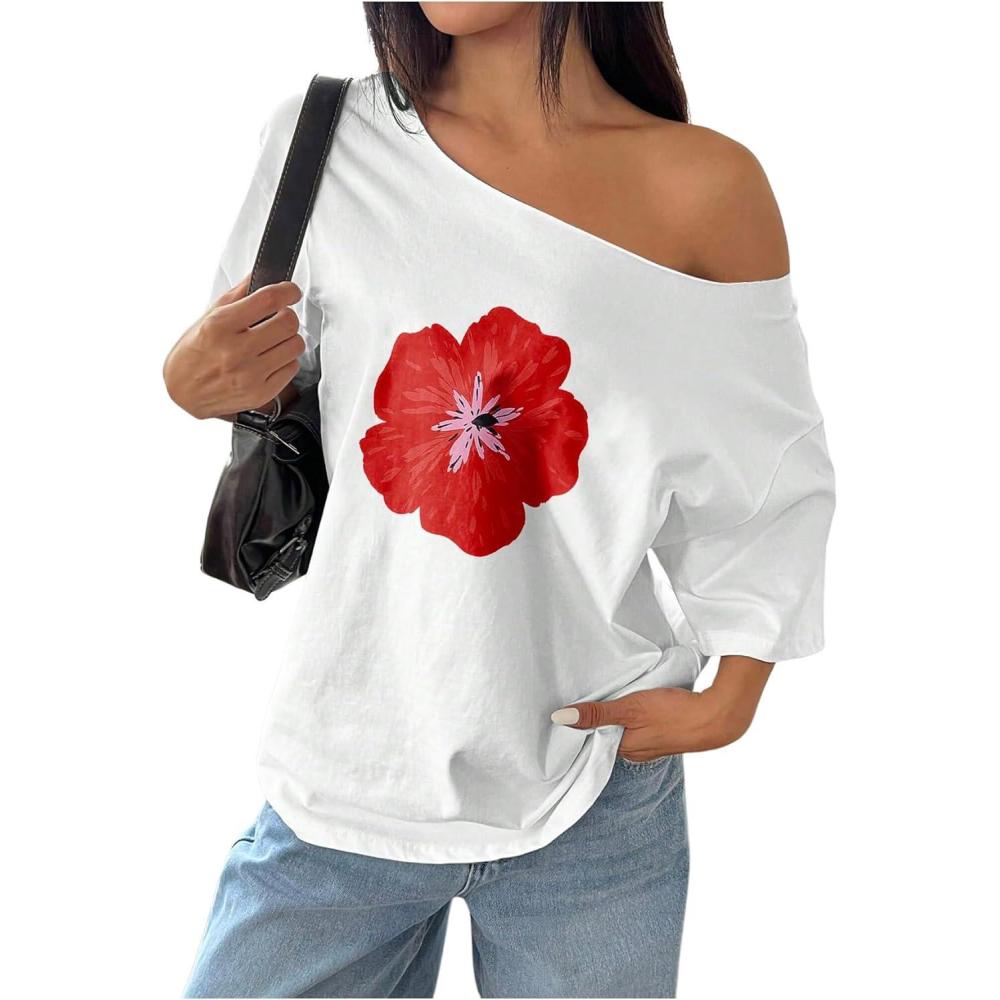 image:imageSOLY HUX Womens Graphic Tees Off The Shoulder Short Sleeve Oversized T Shirt Vintage Summer TopsWhite Floral