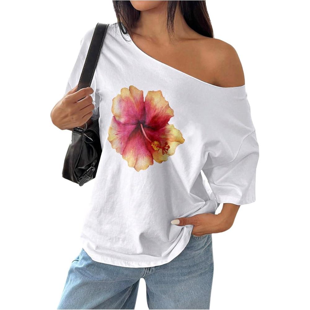 image:imageSOLY HUX Womens Graphic Tees Off The Shoulder Short Sleeve Oversized T Shirt Vintage Summer TopsWhite Floral Printed