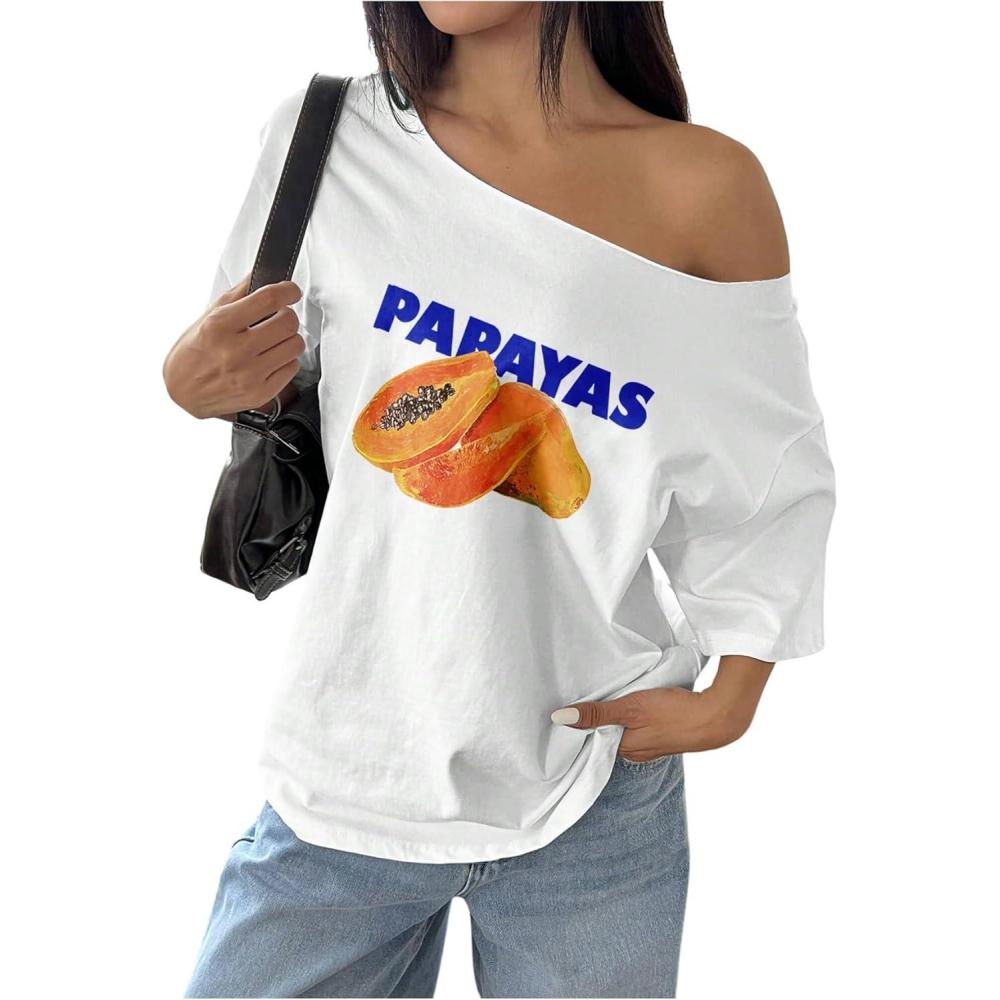 image:imageSOLY HUX Womens Graphic Tees Off The Shoulder Short Sleeve Oversized T Shirt Vintage Summer TopsWhite Papaya