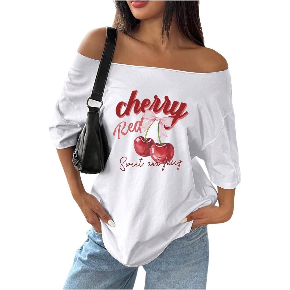 image:imageSOLY HUX Womens Graphic Tees Off The Shoulder Short Sleeve Oversized T Shirt Vintage Summer TopsWhite cherry