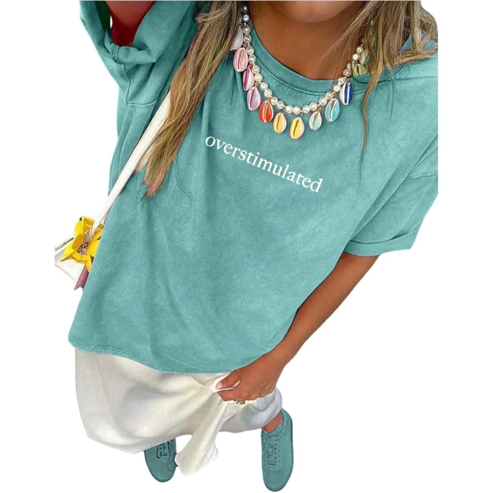 image:imageSOLY HUX Womens Letter Print Graphic Tees Crew Neck Short Sleeve Oversized T Shirt Vintage Summer TopsMint Green Letter