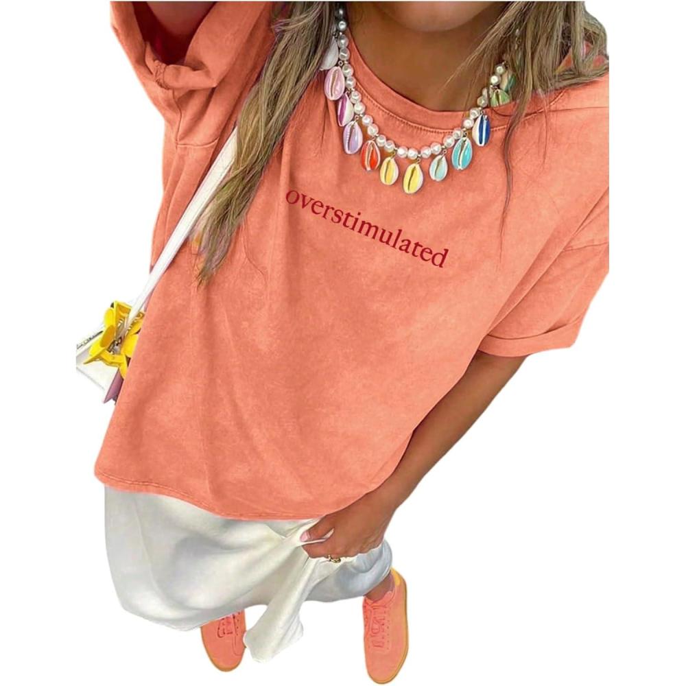 image:imageSOLY HUX Womens Letter Print Graphic Tees Crew Neck Short Sleeve Oversized T Shirt Vintage Summer TopsOrange Letter