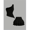 image:imageSOLY HUX Womens 2 Piece Skirt Sets Y2k One Shoulder Tank Tops and Ruffle Layered Mini Skirt Summer Vacation OutfitsPure Black