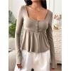 image:imageSOLY HUX Womens Babydoll Tops Long Sleeve Henley Shirts Cute Square Neck Coquette Peplum TopCoffee Brown