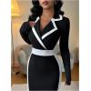 image:imageSOLY HUX Womens Color Block Bodycon Midi Dress Wrap Lapel Collar Long Sleeve Work Office DressesBlack and White