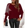 image:imageSOLY HUX Womens Long Sleeve Rhinestone Tops Crew Neck Casual T Shirt Spring Fall ClothesPure Burgundy