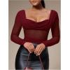 image:imageSOLY HUX Womens Mesh T Shirt Long Sleeve Sweetheart Neck Twist Draped Ruched Sheer Tee See Through Going Out TopsPlain Burgundy
