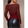 image:imageSOLY HUX Womens Mesh T Shirt Long Sleeve Sweetheart Neck Twist Draped Ruched Sheer Tee See Through Going Out TopsPlain Burgundy