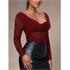 image:imageSOLY HUX Womens Mesh T Shirt Long Sleeve Sweetheart Neck Twist Draped Ruched Sheer Tee See Through Going Out TopsPlain Burgundy