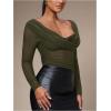 image:imageSOLY HUX Womens Mesh T Shirt Long Sleeve Sweetheart Neck Twist Draped Ruched Sheer Tee See Through Going Out TopsPure Army Green