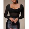 image:imageSOLY HUX Womens Mesh T Shirt Long Sleeve Sweetheart Neck Twist Draped Ruched Sheer Tee See Through Going Out TopsPure Black