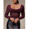 image:imageSOLY HUX Womens Mesh T Shirt Long Sleeve Sweetheart Neck Twist Draped Ruched Sheer Tee See Through Going Out TopsPure Burgundy