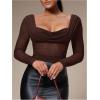image:imageSOLY HUX Womens Mesh T Shirt Long Sleeve Sweetheart Neck Twist Draped Ruched Sheer Tee See Through Going Out TopsPure Coffee Brown