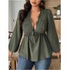 image:imageSOLY HUX Womens Plus Size Lace Blouse Deep V Neck Lantern Long Sleeve Peplum Ruffle Hem Flowy Tops ShirtsPure Army Green