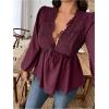 image:imageSOLY HUX Womens Plus Size Lace Blouse Deep V Neck Lantern Long Sleeve Peplum Ruffle Hem Flowy Tops ShirtsPure Burgundy
