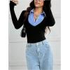 image:imageSOLY HUX Womens Striped Long Sleeve Bodysuits Button Down Tshirts Collared 2 in 1 Tops Preppy ClothesBlack Striped