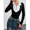 image:imageSOLY HUX Womens Striped Long Sleeve Bodysuits Button Down Tshirts Collared 2 in 1 Tops Preppy ClothesBlack and White