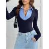 image:imageSOLY HUX Womens Striped Long Sleeve Bodysuits Button Down Tshirts Collared 2 in 1 Tops Preppy ClothesDark Blue