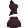 image:imageSOLY HUX Womens 2 Piece Skirt Sets Y2k One Shoulder Tank Tops and Ruffle Layered Mini Skirt Summer Vacation OutfitsPure Coffee Brown