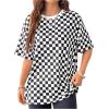 image:imageSOLY HUX Womens Checkered Shirts Oversized T Shirts Casual Trendy Short Sleeve Crew Neck Tee TopsWhite and Black
