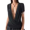 image:imageSOLY HUX Womens Deep V Neck T Shirts Short Sleeve Draped Fitted Sexy Tops Summer Date Night OutfitDark Grey